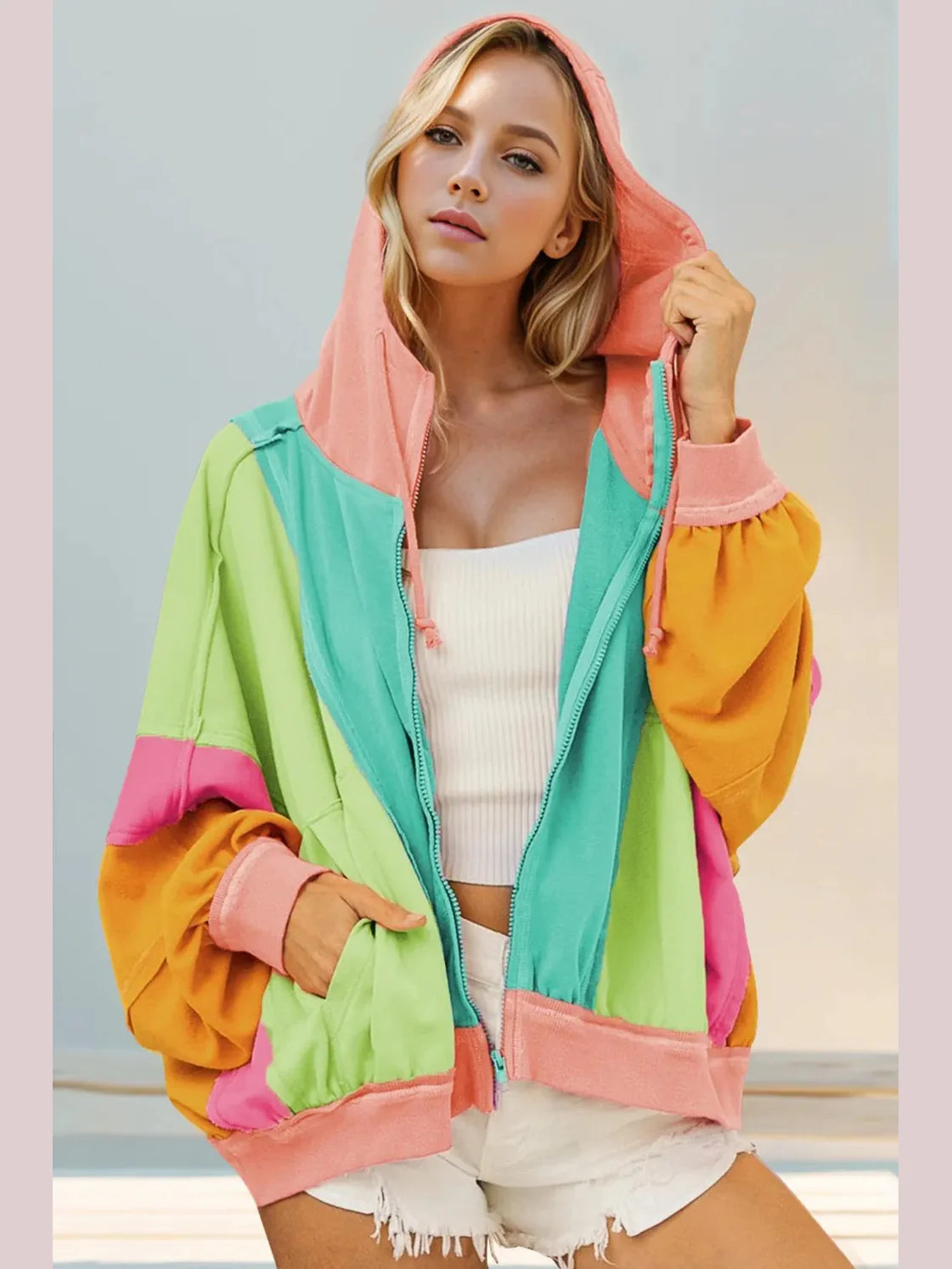 Double Take Full Size Color Block Zip Up Hoodie