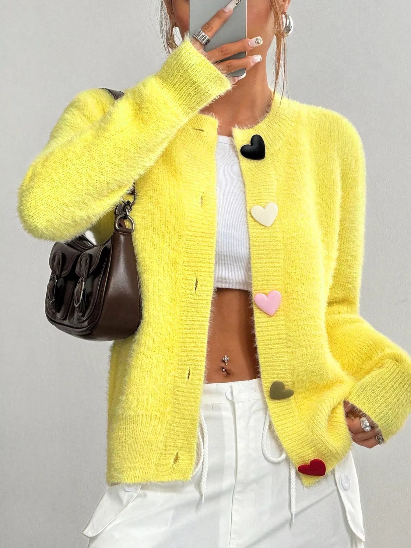 Women Heart Button Fuzzy Cardigan