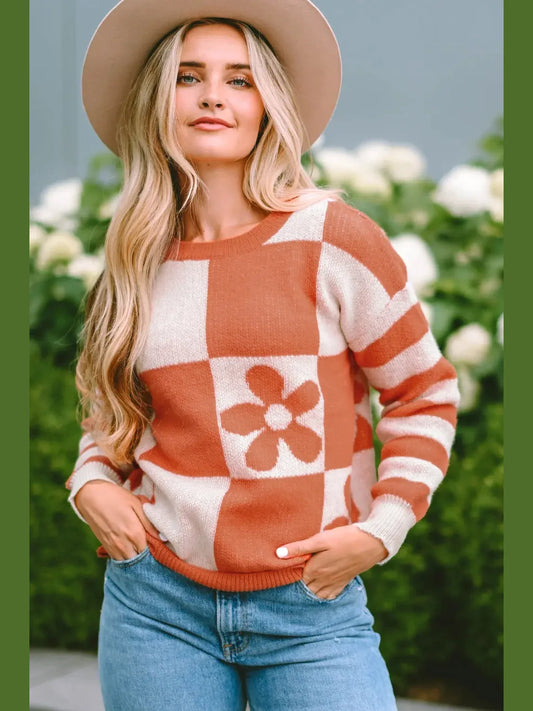 Contrast Round Neck Long Sleeve Sweater