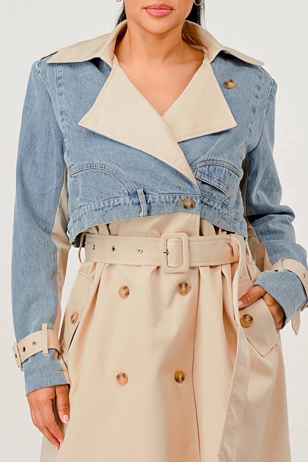 Denim Contrast Belted Trench Coat