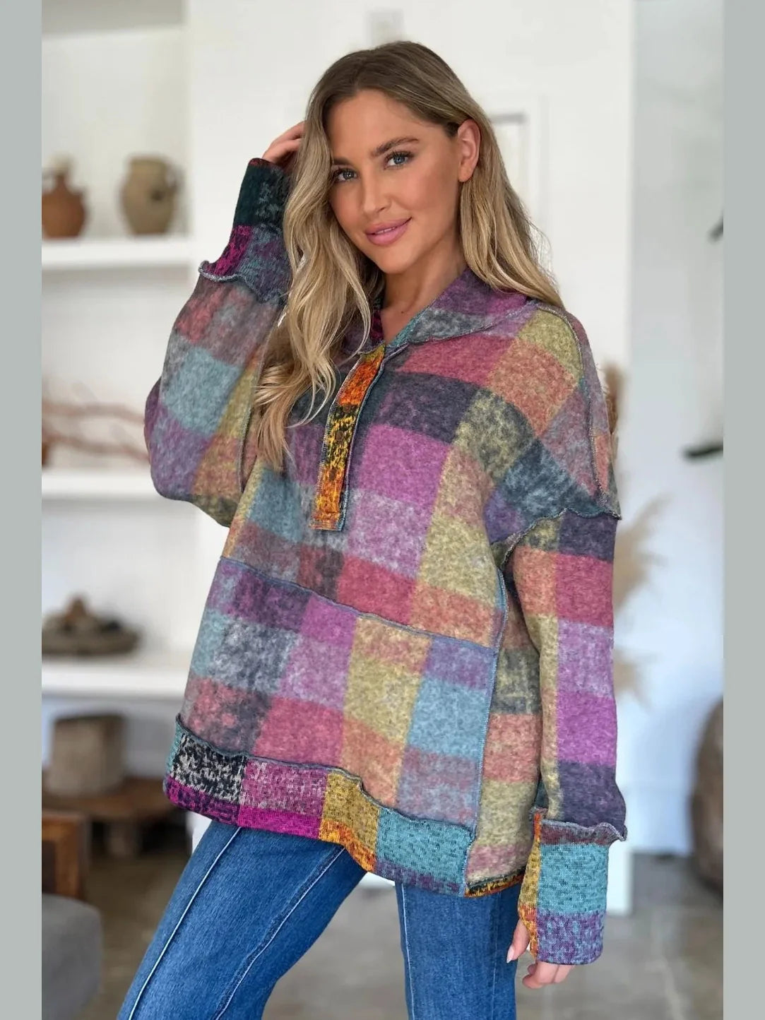 Double Take Full Size Plaid Dropped Shoulder Fleece Hoodie