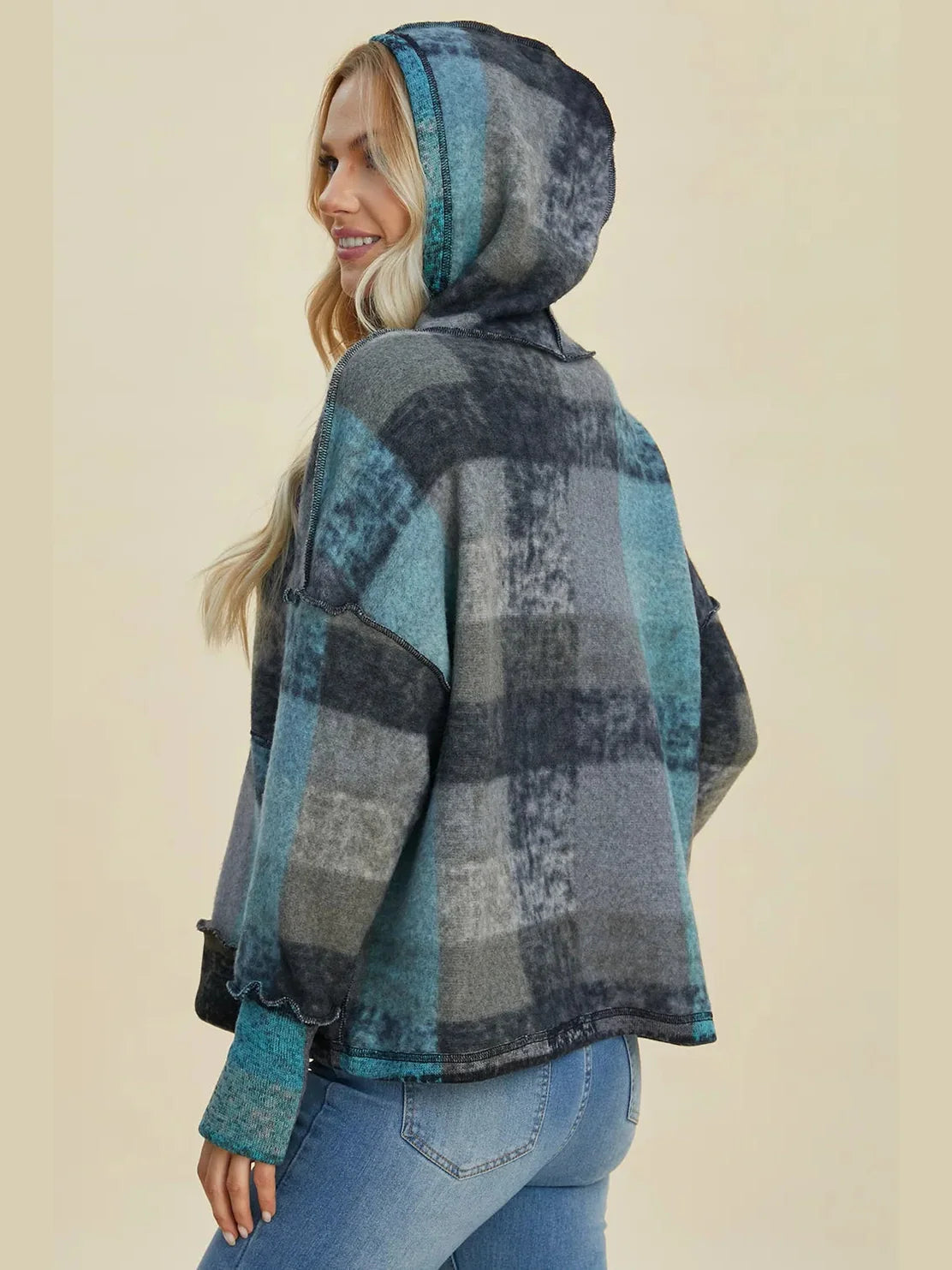 Double Take Full Size Plaid Dropped Shoulder Fleece Hoodie