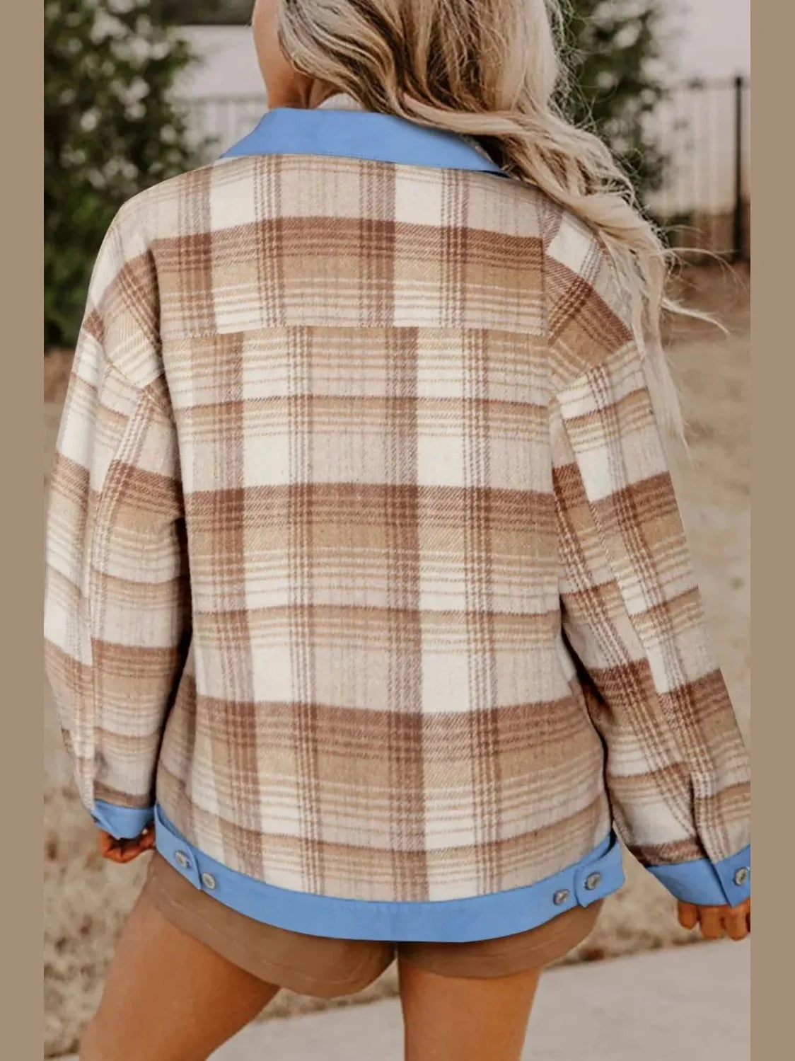 Women Contrast Trim Plaid Collared Neck Shacket