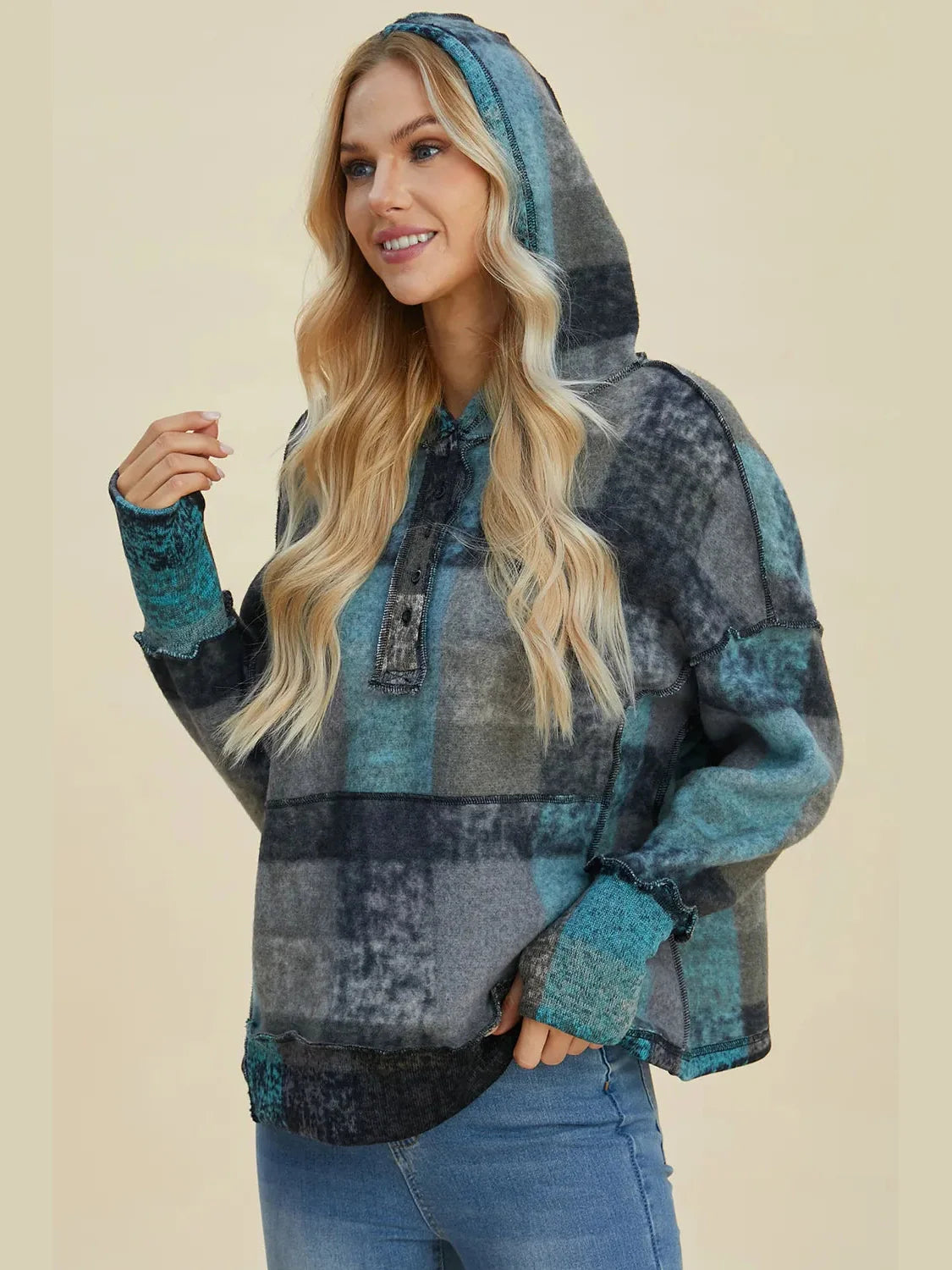 Double Take Full Size Plaid Dropped Shoulder Fleece Hoodie