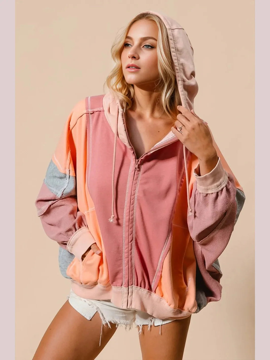 Double Take Full Size Color Block Zip Up Hoodie