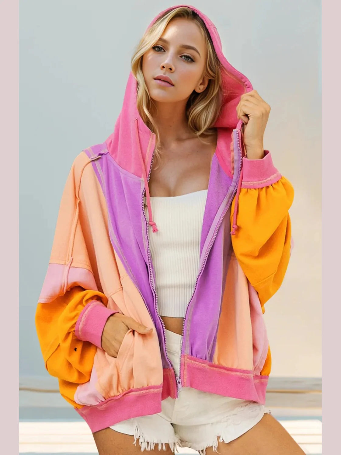 Double Take Full Size Color Block Zip Up Hoodie