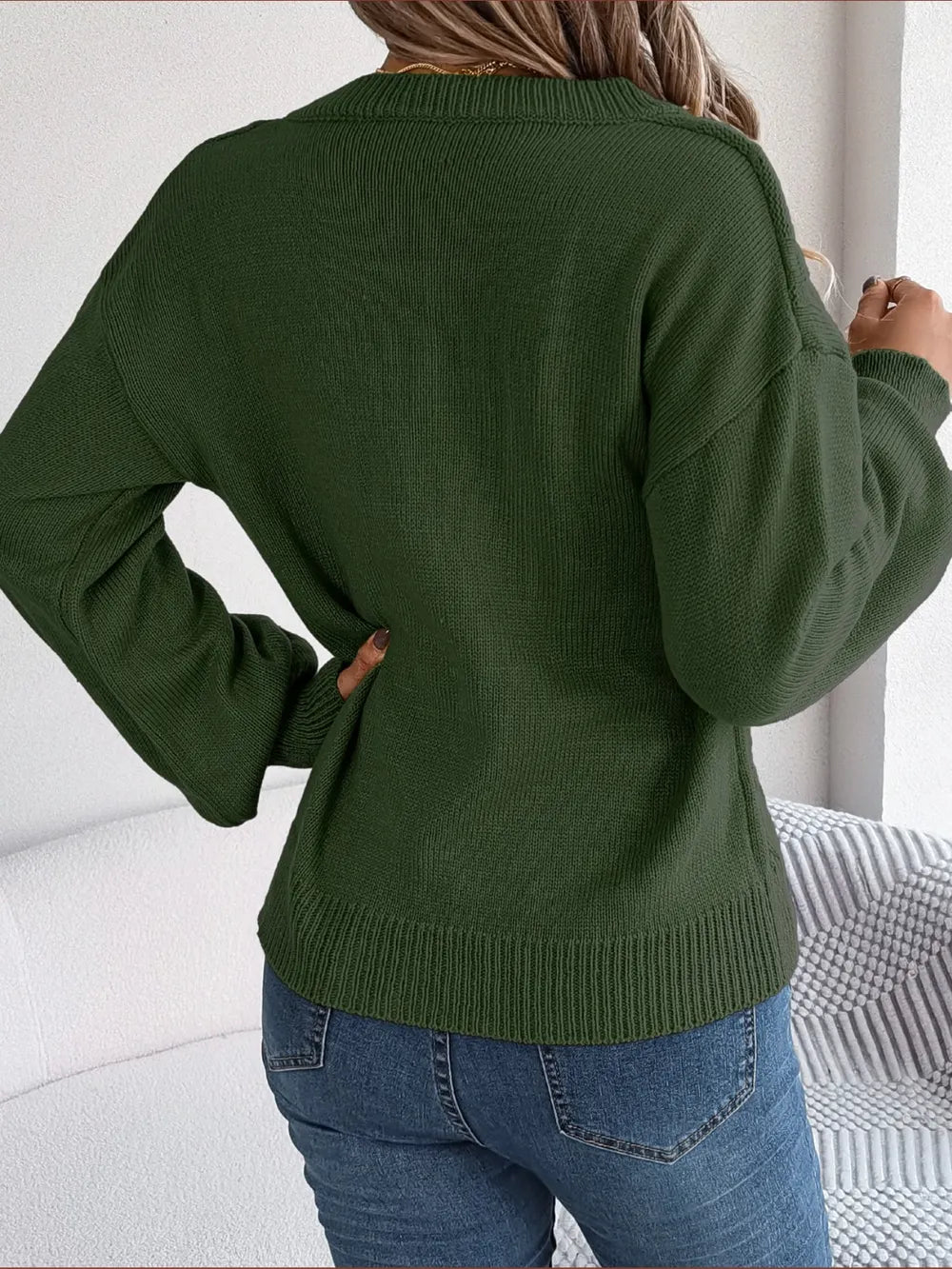 Cable-Knit Buttoned V-Neck Sweater