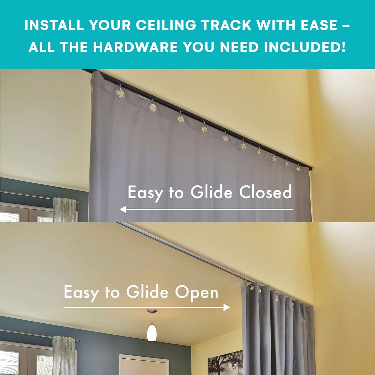 Aluminum Ceiling Curtain Track Set - Curtain Rails Ceiling Mount - Includes Track, Roller Hooks, Installation Hardware, Saw, and End Cap - Suitable for Spaces 6-12 Feet Wide, White