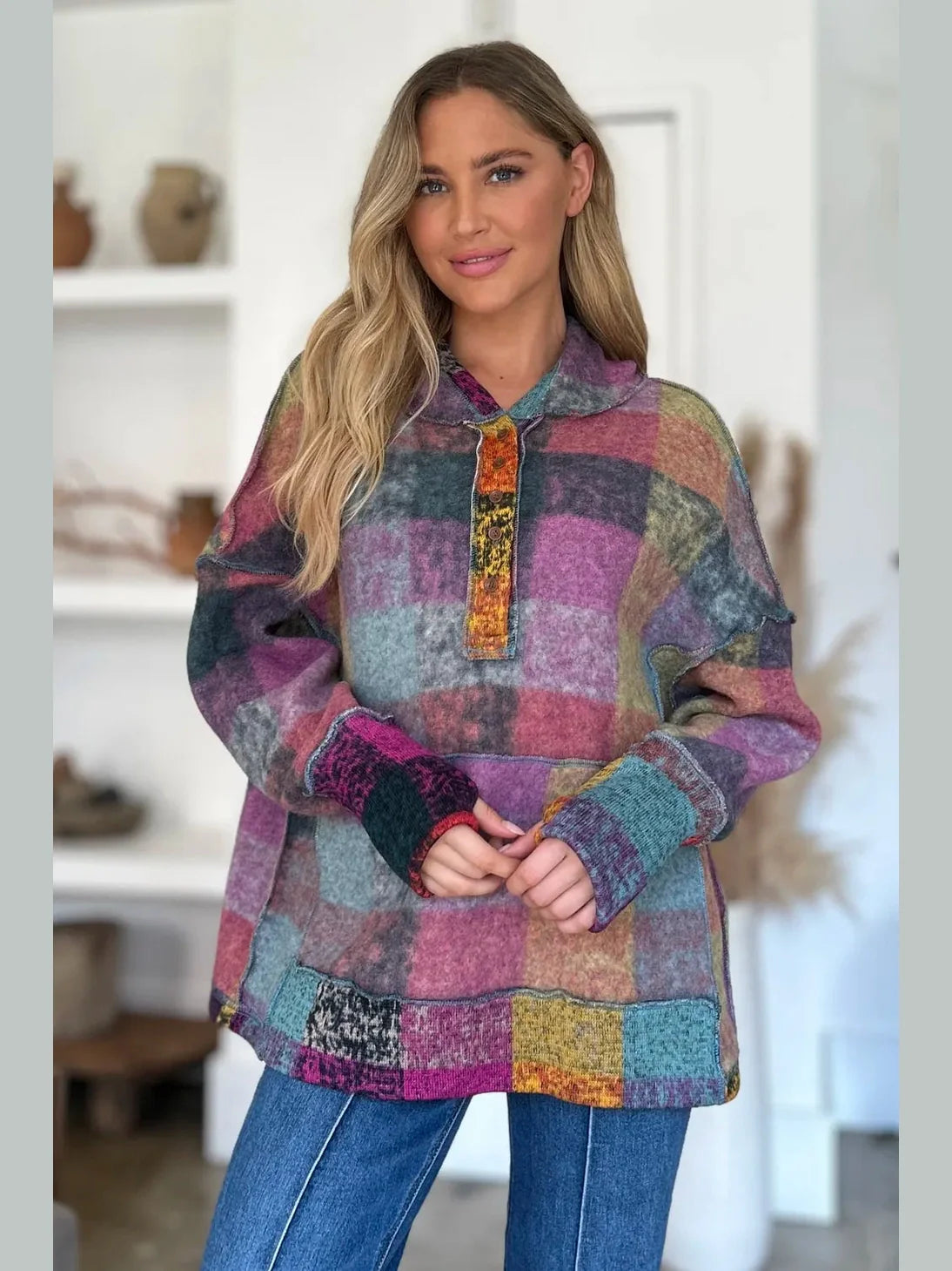 Double Take Full Size Plaid Dropped Shoulder Fleece Hoodie