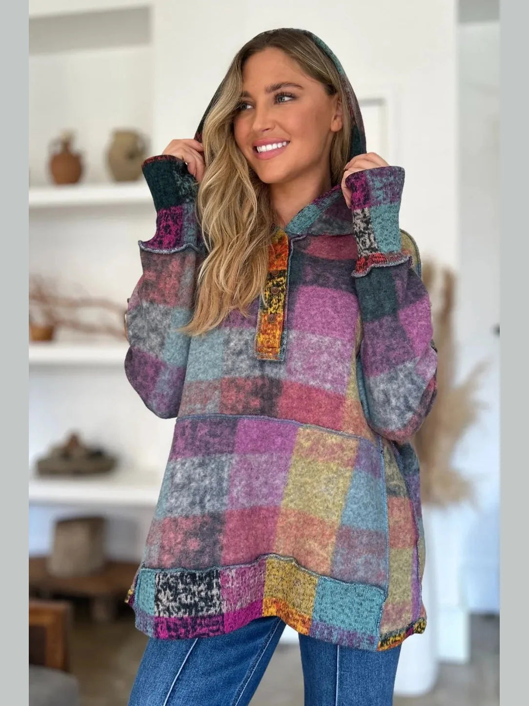 Double Take Full Size Plaid Dropped Shoulder Fleece Hoodie