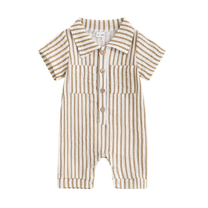 Baby Boy Striped Romper Short Sleeve Front Pocket Single-breasted Button Collar Legs Jumpsuit