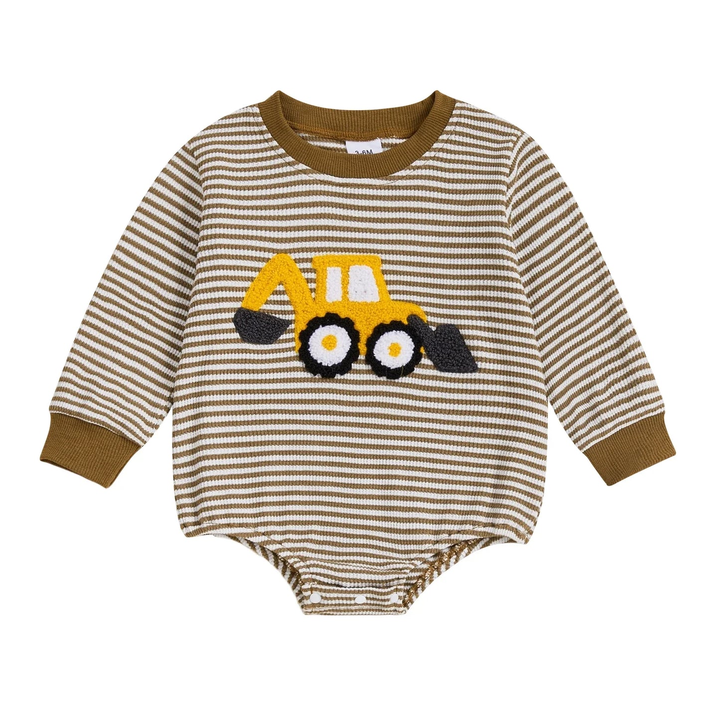 Baby Boy Fall Bubble Romper Casual Digger Tractor Embroidery Striped Long Sleeve Jumpsuit Infant Cute Outfit
