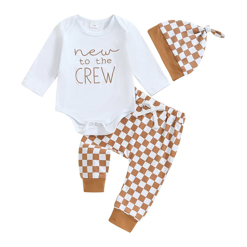 Baby Boy 3Pcs Fall Outfit New To The Crew / Hi I'm New Here / Ladies I Have Arrived Letter Print Long Sleeve Romper and Elastic Checker Pants Beanie Hat Set