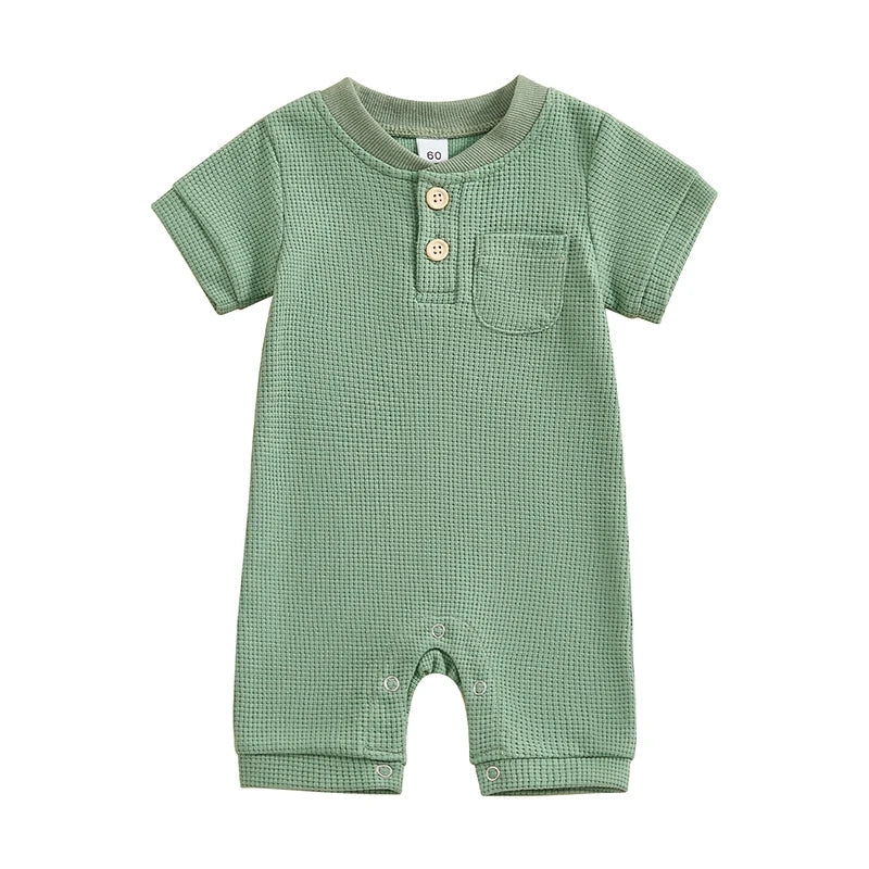 Baby Boy Girl Jumpsuit Summer Short Sleeve Solid Color Waffle Button Romper Playsuit