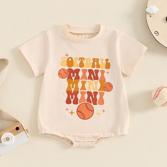 Baby Boys Girls Softball Mini Letter Baseball Print Romper Short Sleeve Round Neck Jumpsuit