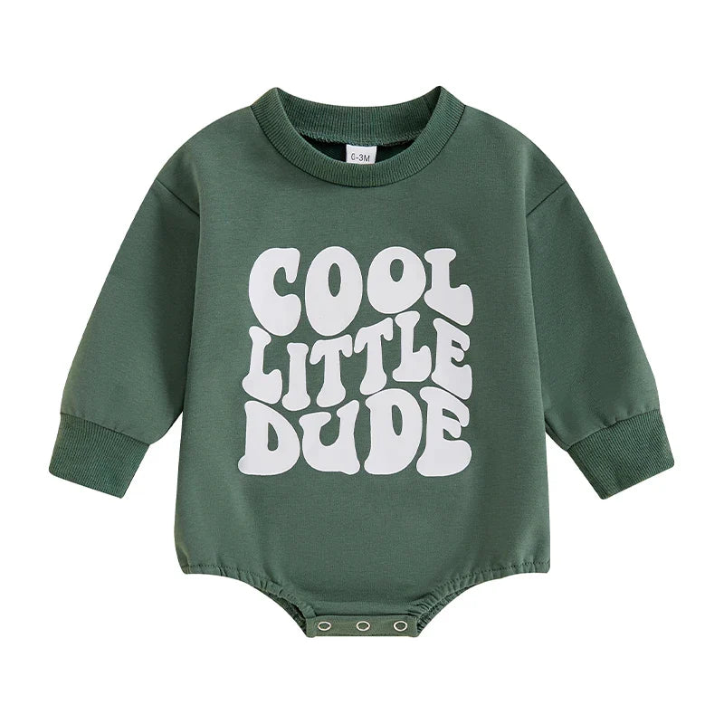Baby Boy Cool Little Dude Bubble Romper Letter Print Round Neck Long Sleeve Casual Jumpsuit Bodysuit