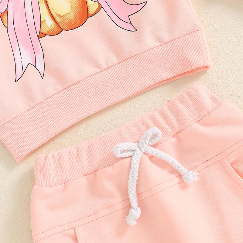 Baby Toddler Girls 2Pcs Halloween Outfit Bow Pumpkin Print Long Sleeve Top and Elastic Pants Set