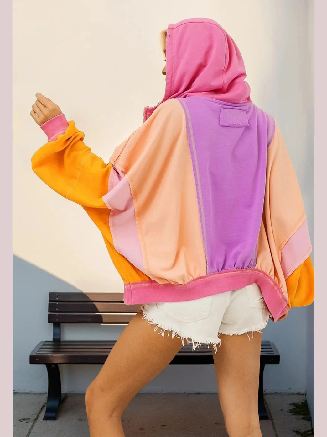 Double Take Full Size Color Block Zip Up Hoodie