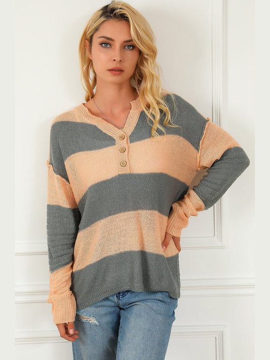 Striped Buttoned Dropped Shoulder Slit Sweater