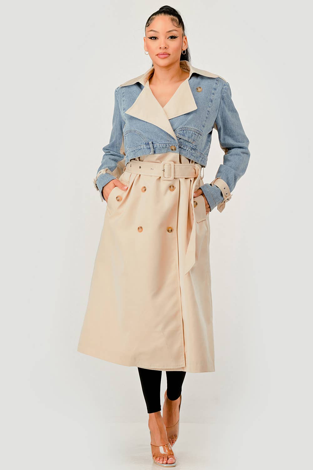 Denim Contrast Belted Trench Coat