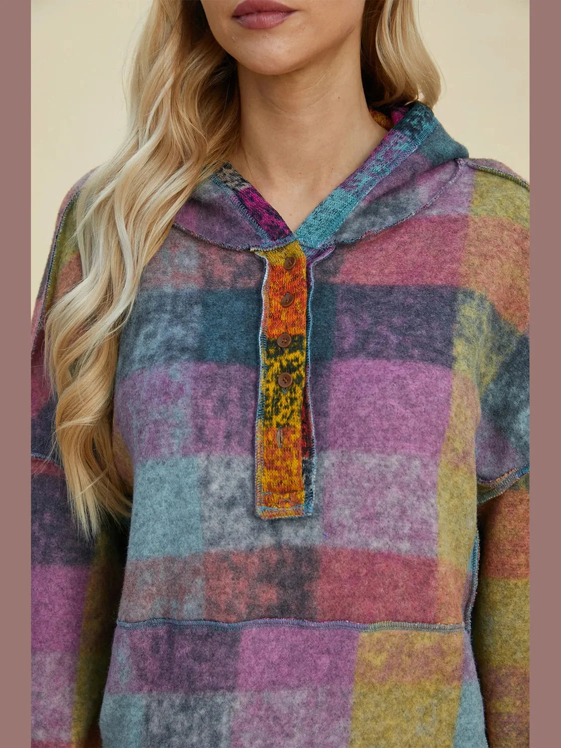 Double Take Full Size Plaid Dropped Shoulder Fleece Hoodie