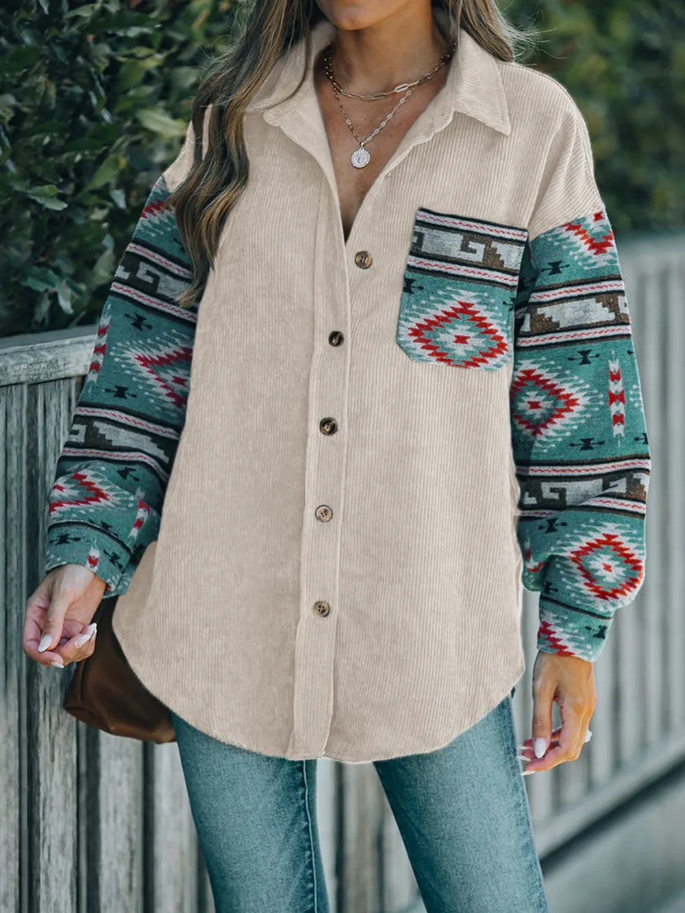 Women Perfee Pocketed Geometric Collared Neck Shacket