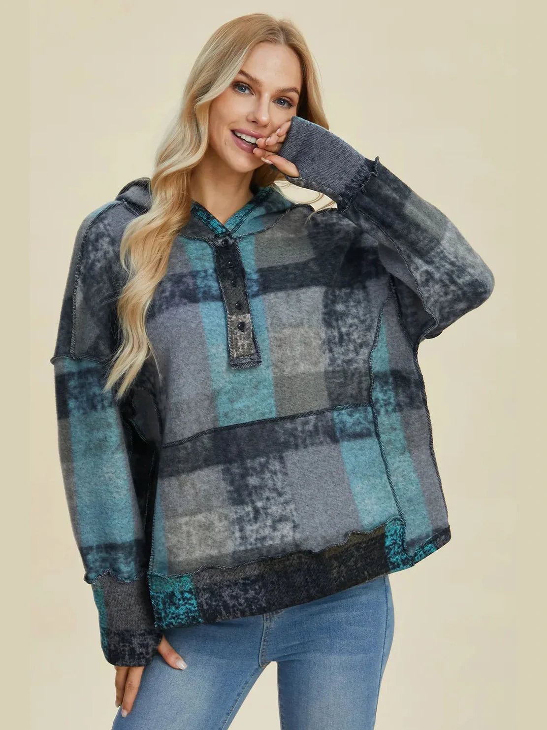 Double Take Full Size Plaid Dropped Shoulder Fleece Hoodie