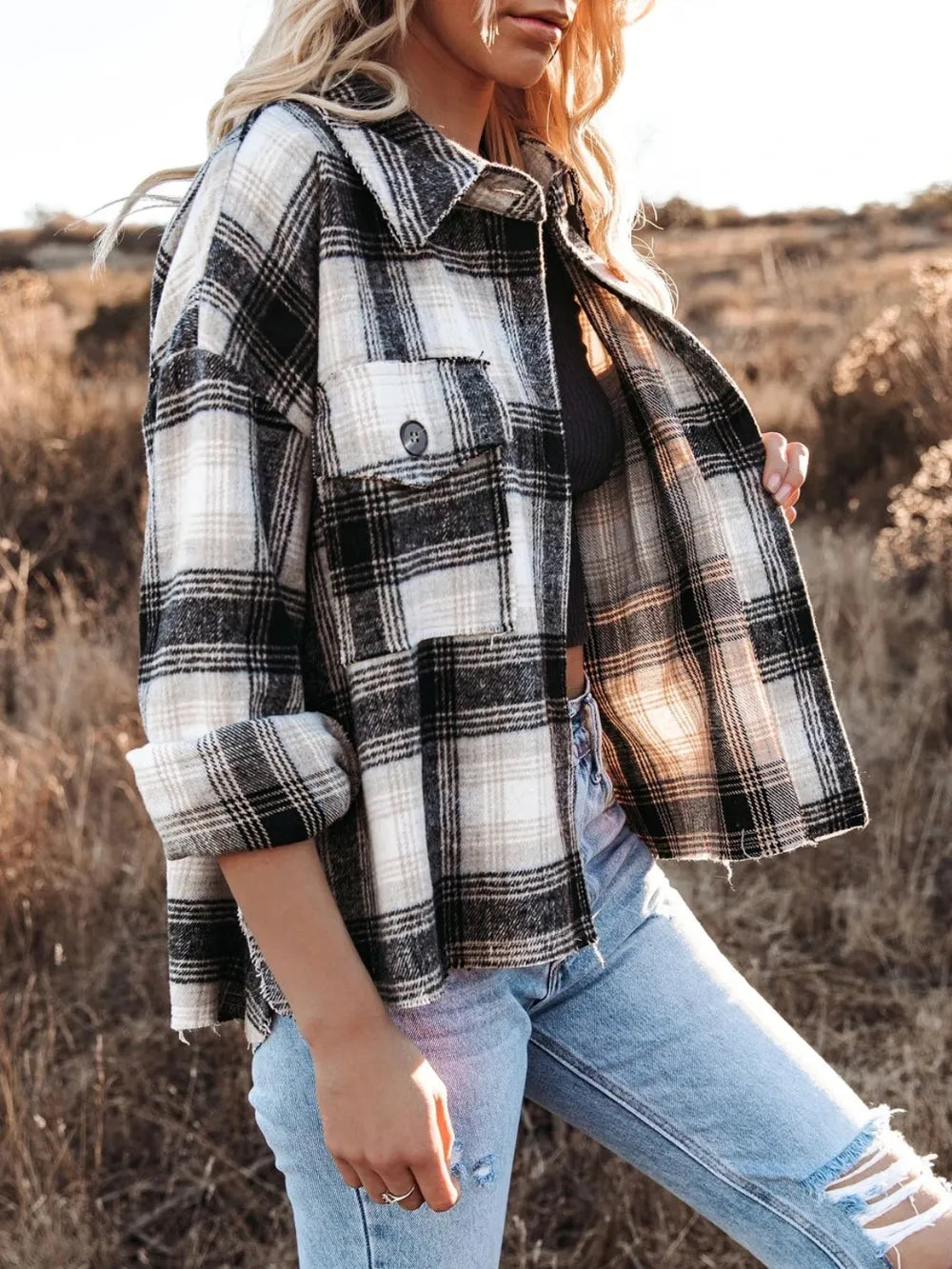 Women Pocketed Plaid Button Down Long Sleeve Shacket