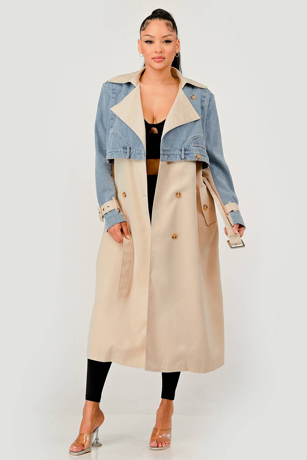 Denim Contrast Belted Trench Coat