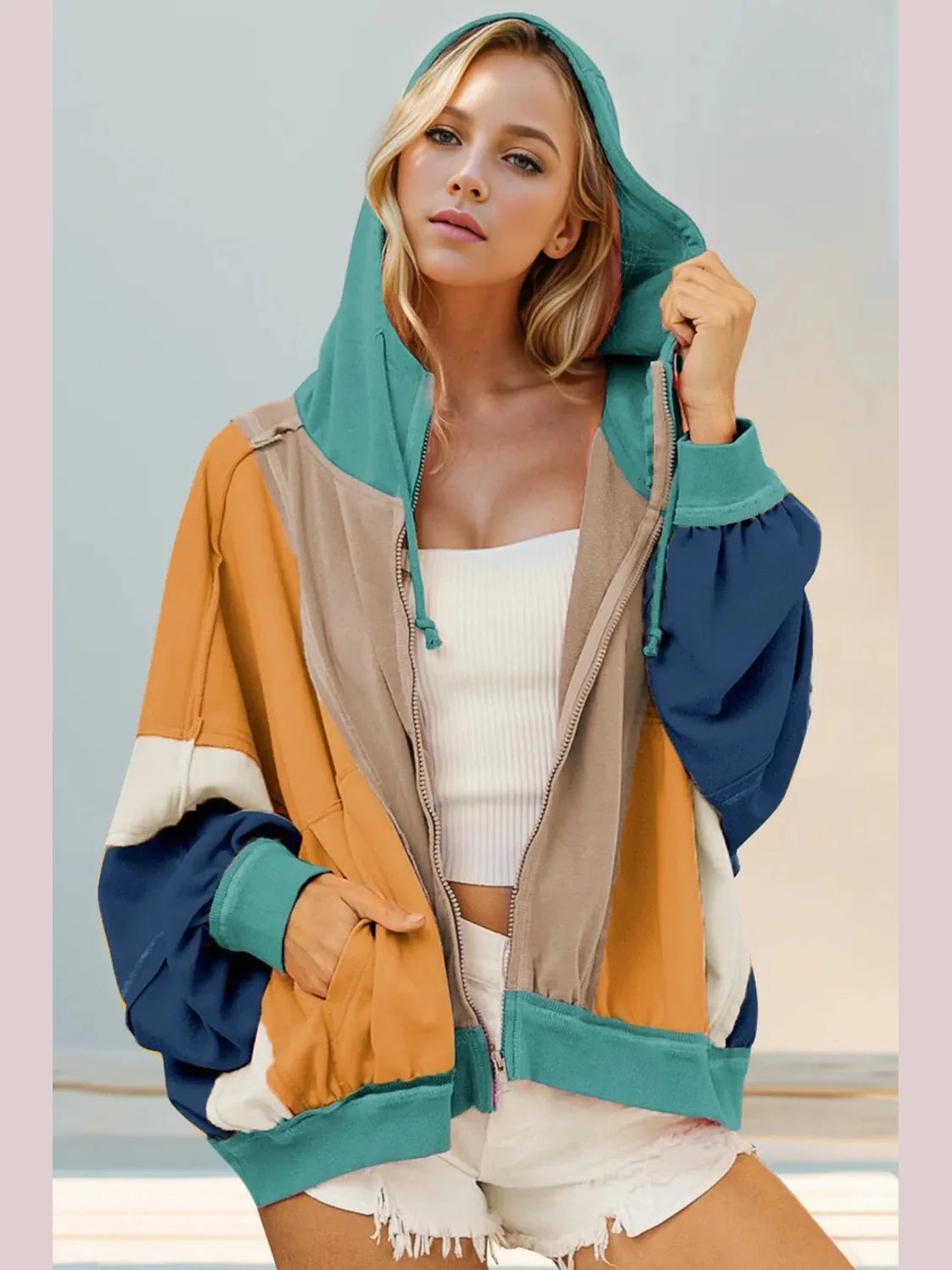 Double Take Full Size Color Block Zip Up Hoodie